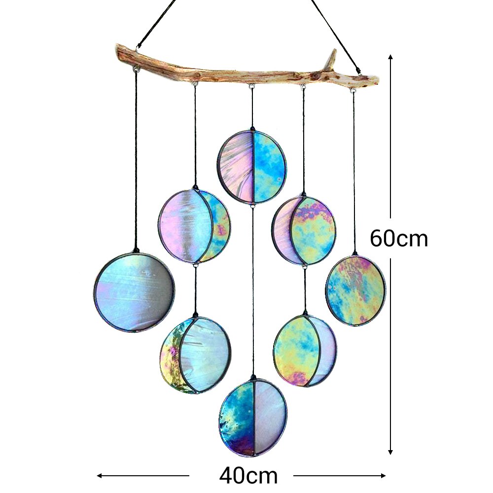 Decoración de pared de fase lunar, carillón de viento, plexiglás tintado, transparente y arcoíris, iridizado, fase lunar, colgante de arte Celestial