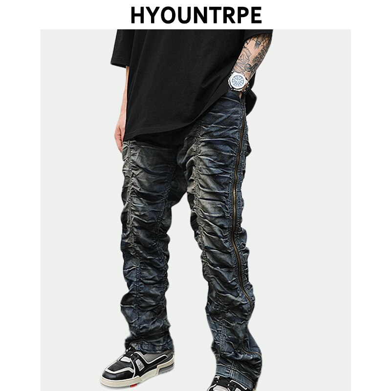 alto strada Cerniera Laterale angosciato Schiacciato Piega denim Dei jeans Degli Uomini di anca salto Elastico in Vita Dritto Pantaloni di Modo motociclista Pantaloni Pantaloni Pantaloni