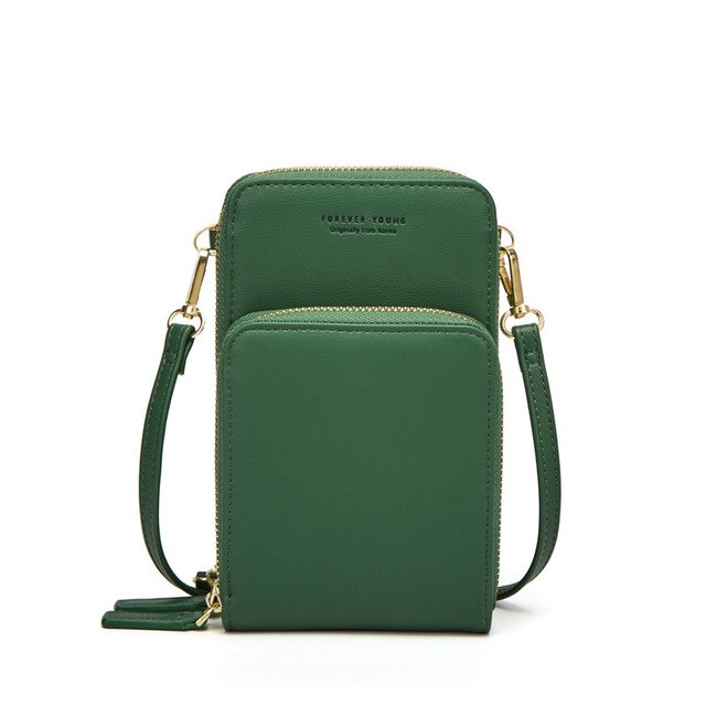 3-Layer Crossbody Bag Phone Bag Women Solid PU Leather Card Wallet Shoulder Bag Pocket Clutch Cellphone Bag: Green