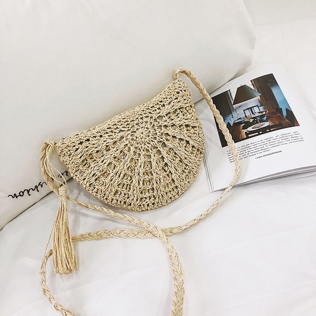 Ocardian bolsa feminina fashiom semicircular handwoven férias bolsa rattan palha praia saco de verão crossbody mujer a18: White