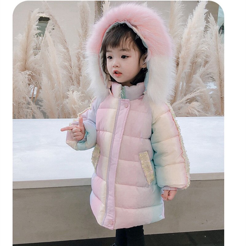 DFXD Children Girl Winter Long Rainbow Down Cotton Jacket Fur Collar Hooded Thicken Warm Kids Outwear Parka For 1-7Yrs