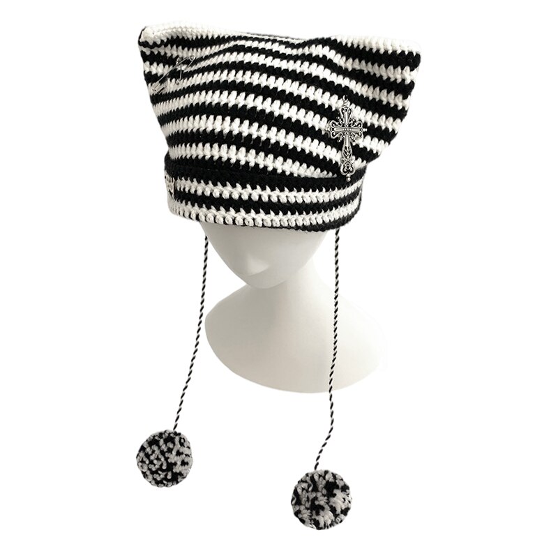 Harajuku Punk Gothic Knitted Cat Ear Hat Women Kawaii Cross PinWinter Beanie Hat Female Girls Accessories