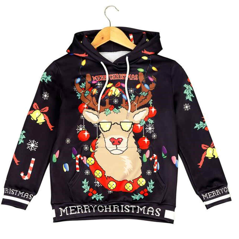 Europa en de Verenigde Staten Kerst Trui kinderen 3D Afdrukken Hooded Sweater Lange Mouw Sweater Broek Pak: 130cm  M / Black