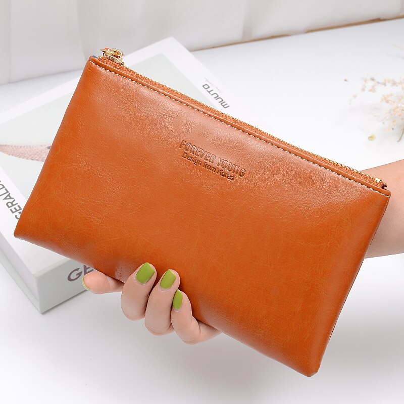 Solid Men Women Wallets PU Leather Bag Zipper Handy Clutch Coin Purse Phone Key Holder Wristlet Portable Travel Handbag: Brown