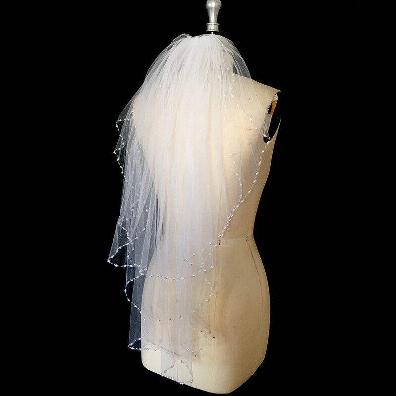Elegante Parels Kralen Bruidssluier Korte 2 Lagen Wit Ivoor Tulle Vrouwen Bruiloft Sluier Accessoires