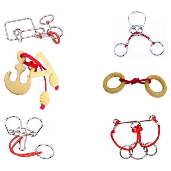 Desk Novelty 3D Wooden Rope Loop Puzzle IQ Mind String Brain teaser Game for Adults Kids: Set of 6PCS