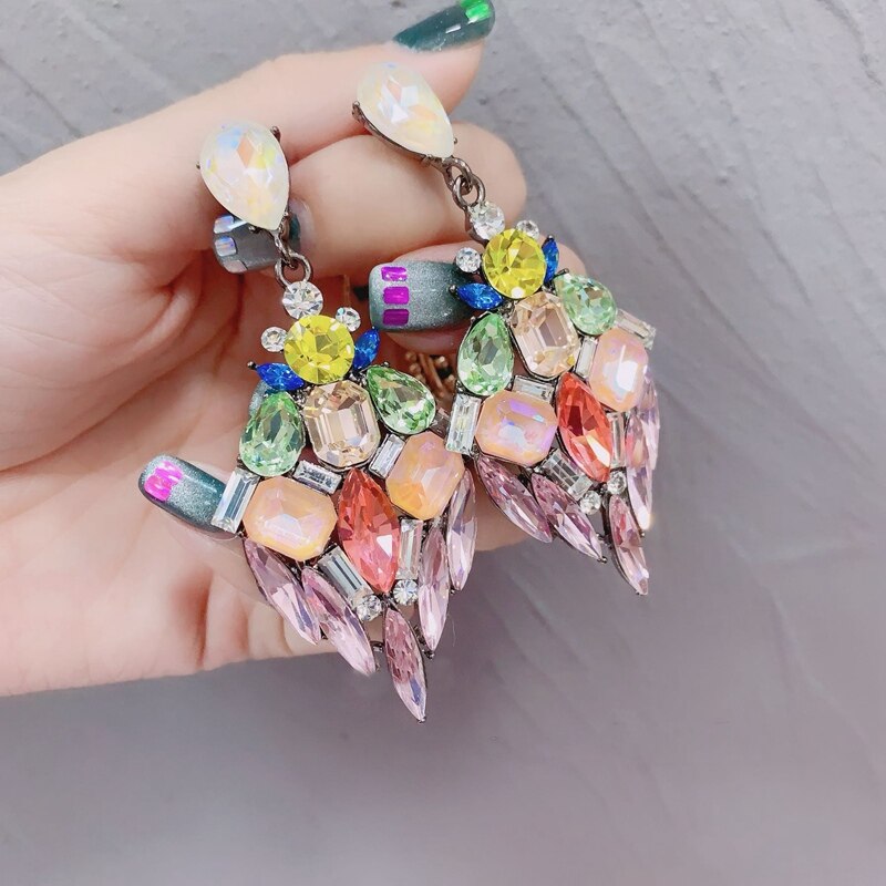 MENGJIQIAO New Vintage Colorido de Luxo Waterdrop Cristal Oscila Brincos Para As Mulheres Meninas Geométrica Bijoux Pendientes Mujer Moda