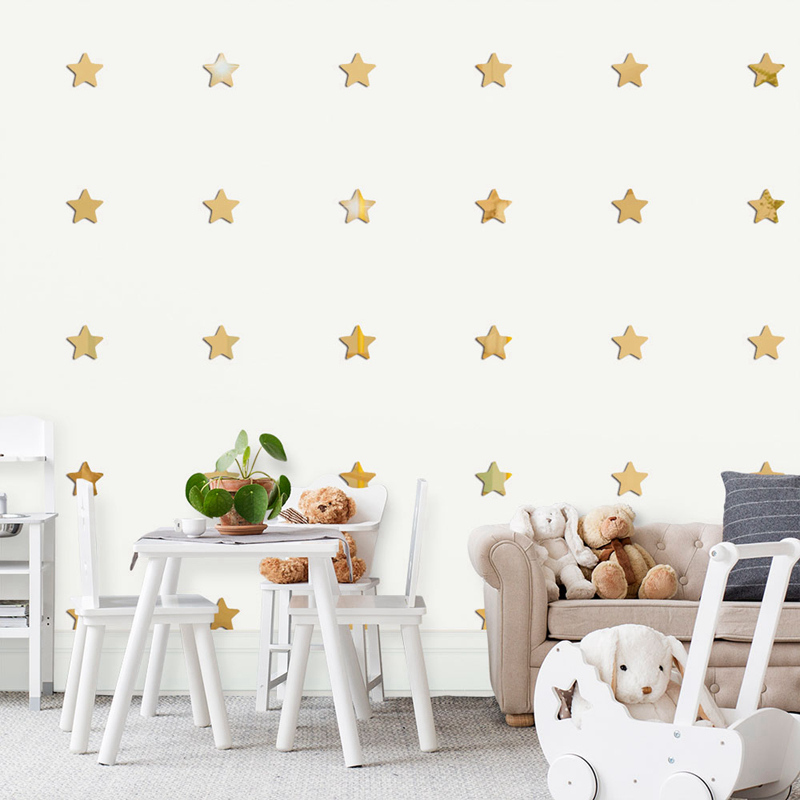 100 piezas acrílico 3D espejo estrellas pegatina de pared para habitaciones de niños decoración del hogar estrellas lindas pared calcomanía guardería bebé dormitorio acrílico Mural: Dorado / L 5cm x 5cm x 50pcs