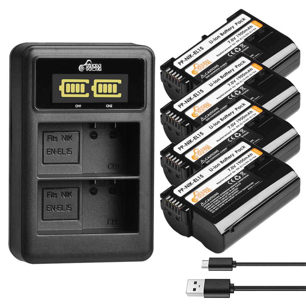 Batería de cámara EN-EL15 EN EL15 EL15A, 3 uds., 1900mAh, Cargador USB LED + para Nikon D500 D600 D610 D750 D7000 D800 D850 D810: 4 battery 1 charger