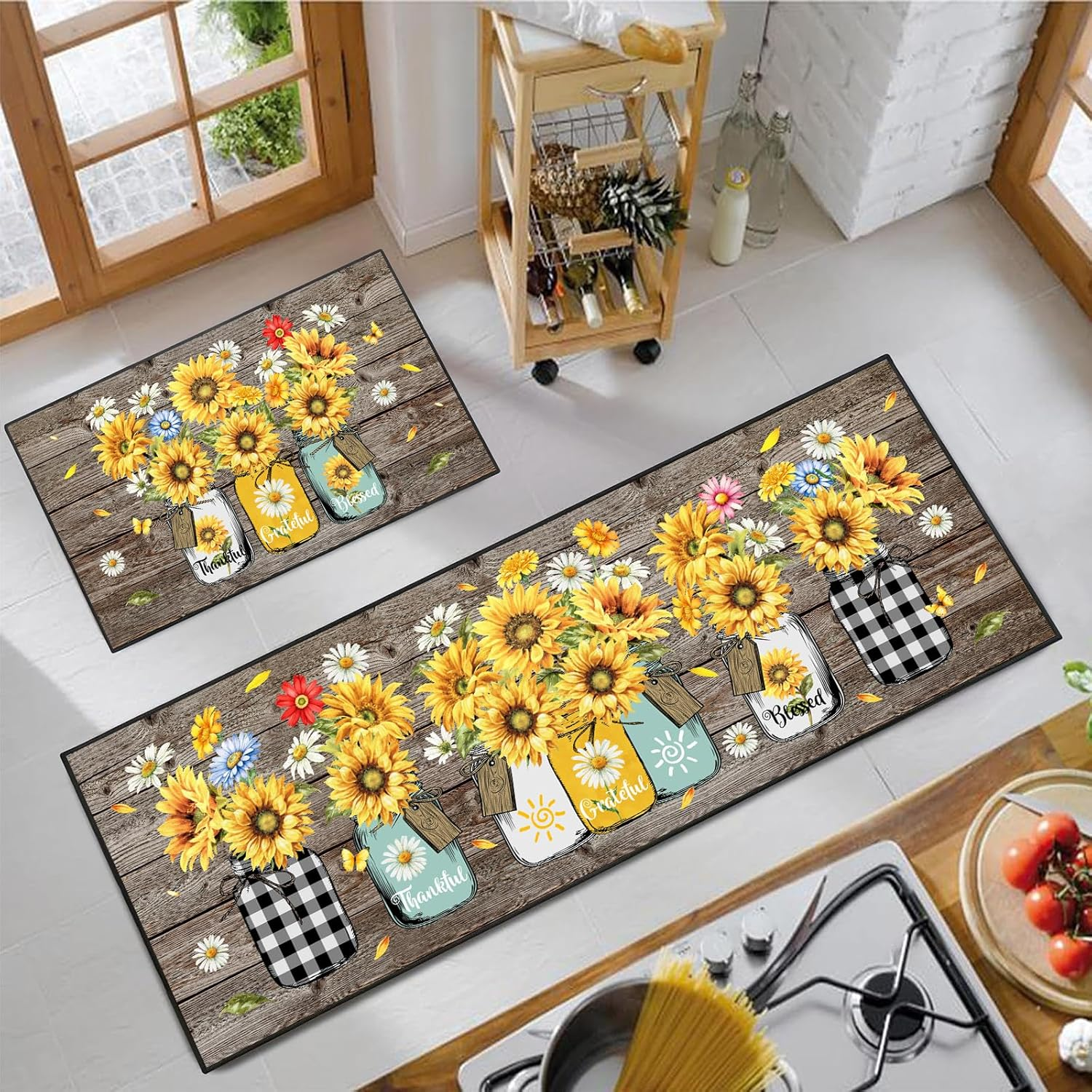 Sunflower Kitchen Rugs Farmhouse Vintage Washable Anti Fatigue Kitchen Runner Mats for Floor Decor Mat for Sink, Laundry: 150x220cm / Yellow
