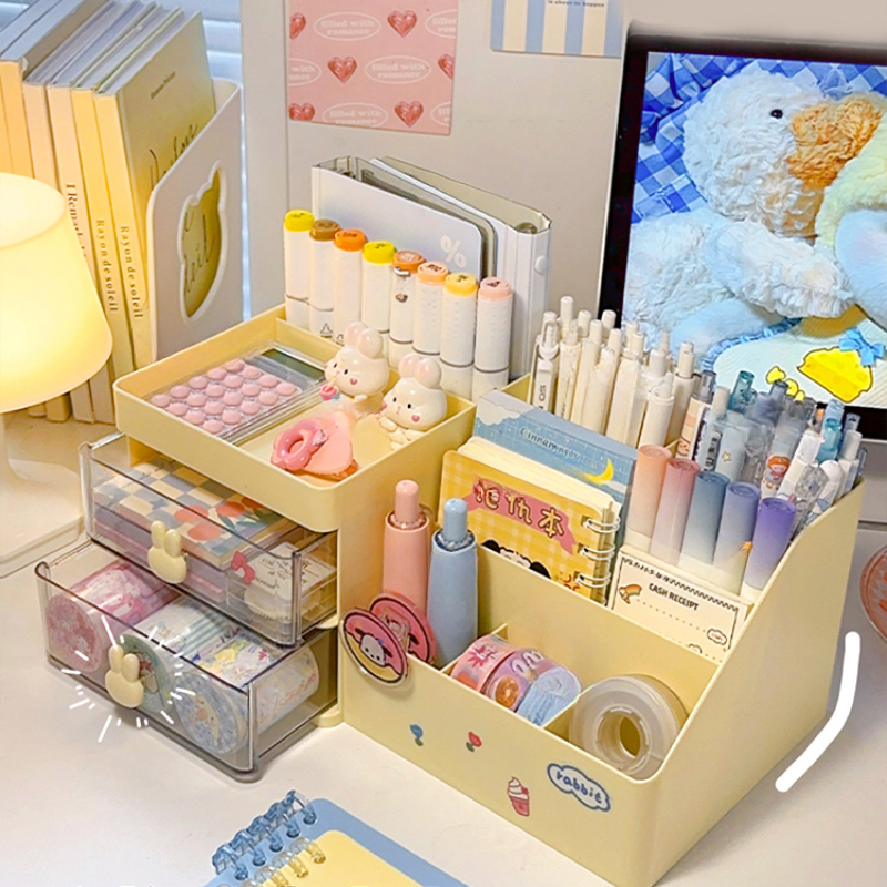 Organizador multifuncional de portalápices Kawaii, caja de almacenamiento de lápices de papelería de escritorio, cajón de escritorio, caja de almacenamiento multicapa Ins bonita
