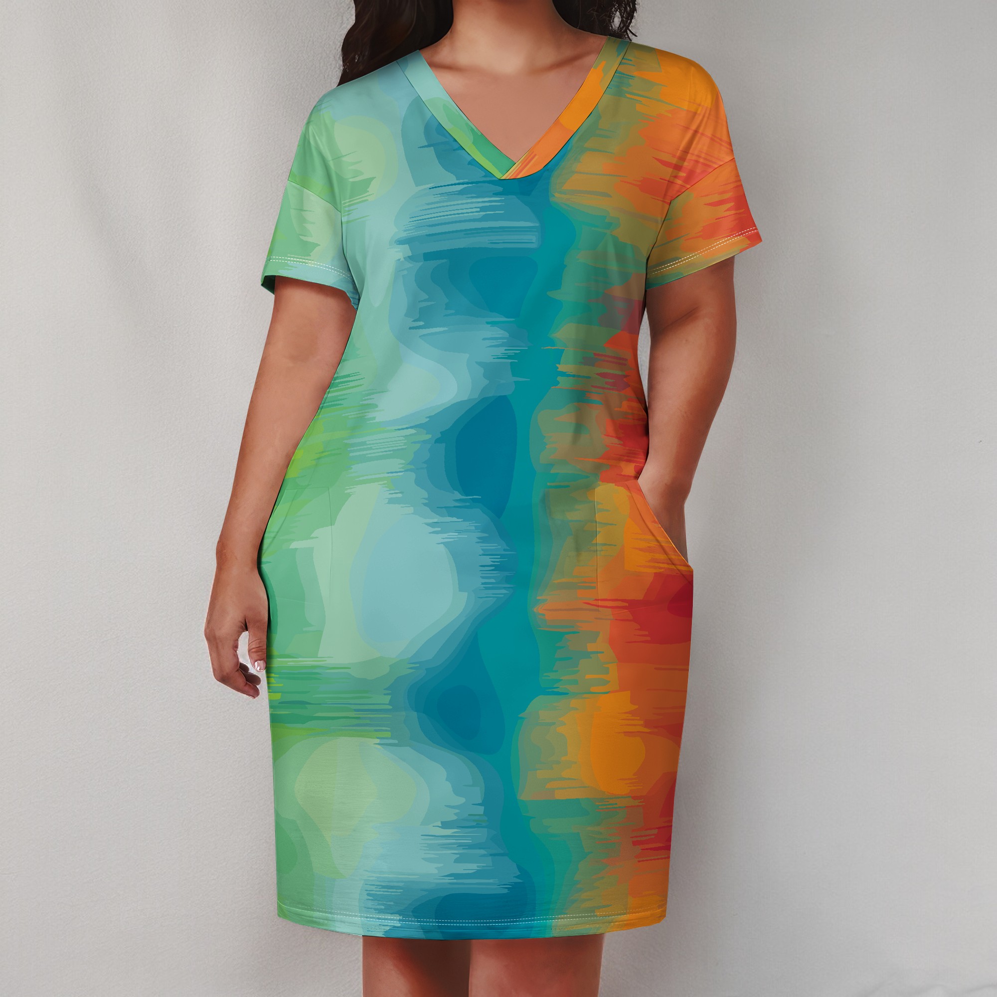 Plus size kvinder afslappet t-shirt kjole med v-hals og korte ærmer, to lommer foran, ensfarvede oversize kjoler