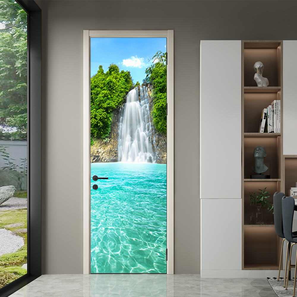 3D Waterfall Self Adhesive Door Sticker PVC Waterproof Decoration Photo Wallpaper Removable Wall Decal Living Room Bedroom Mural