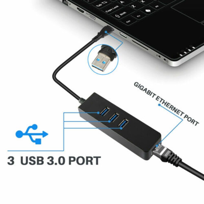 3 Ports USB 3.0 Hub Gigabit Ethernet Lan RJ45 Network Adapter to 1000Mbps PC