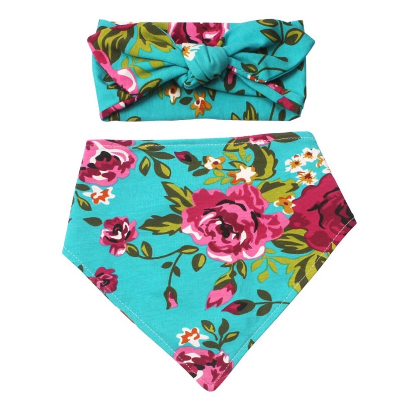 2 Pcs Babyvoeding Kwijl Bib Hoofdband Set Double Side Bloemenprint Slabbetjes Haar Band Kit Speeksel Handdoek Zachte Pure katoen Driehoek Voor: 2