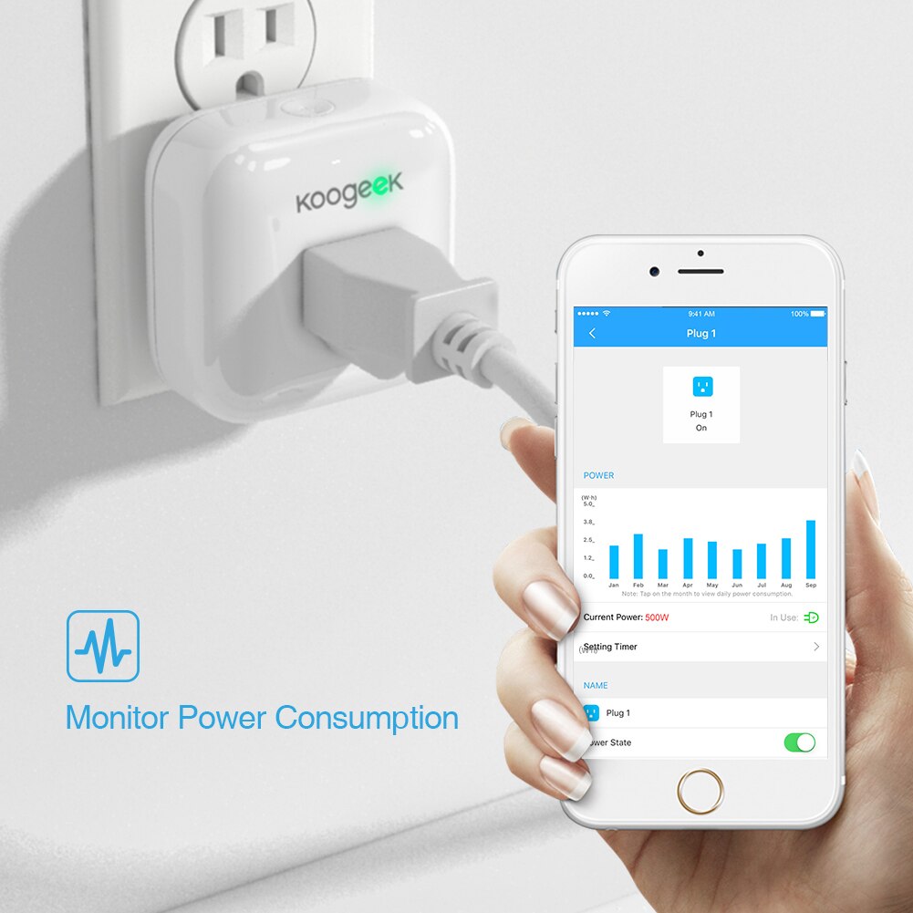 Koogeek wi-fi smart stik stemmestyring til apple homekit alexa google assistent timer energiovervågning ingen hub påkrævet os stik