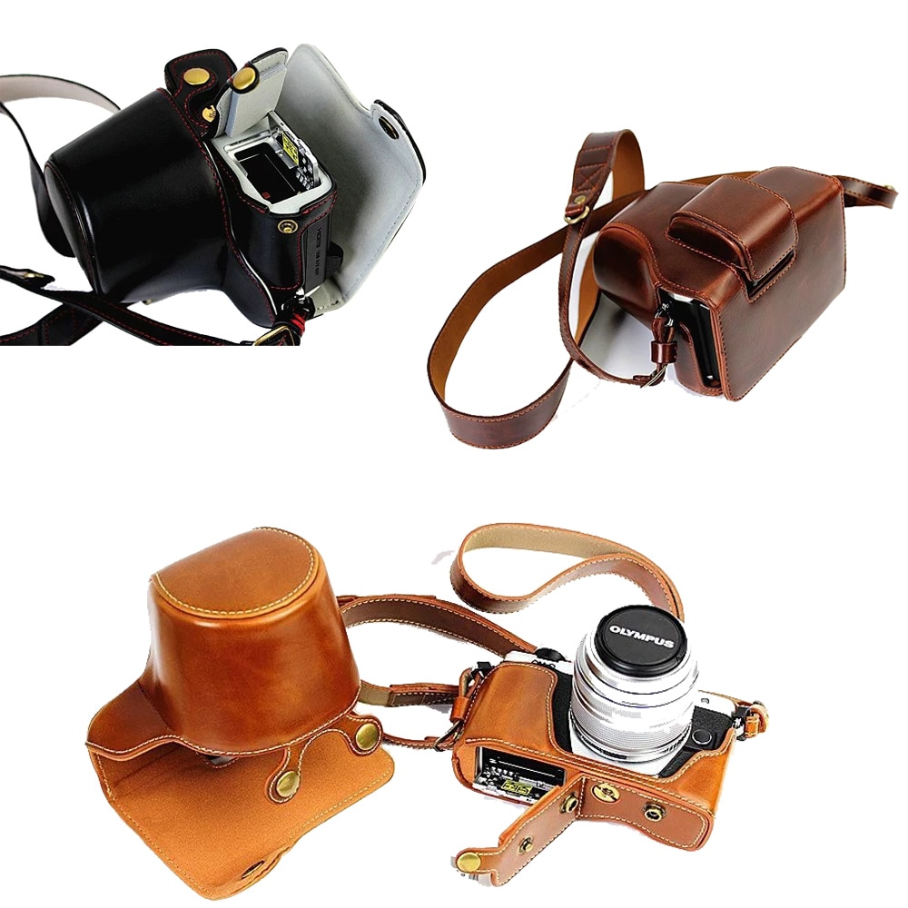 Luxury PU Leather Camera Case Cover for Olympus OMD EM10 II EM10 Mark II (14-42mm Lens) Open battery With Strap