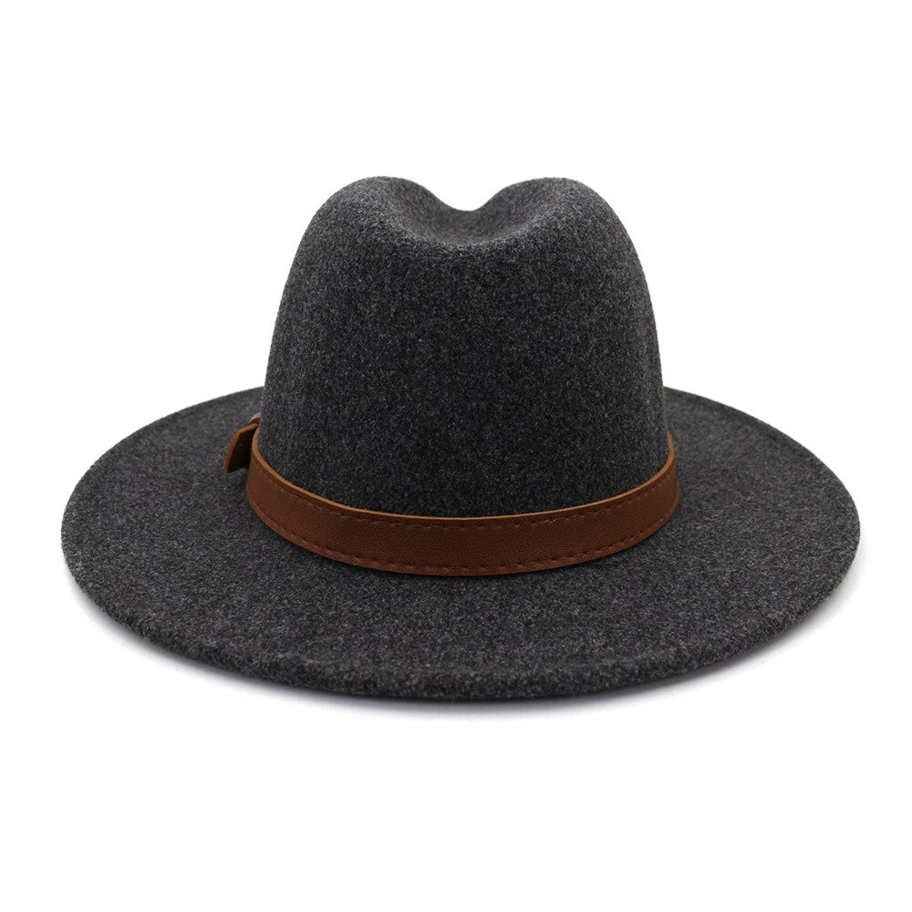 Sombrero Fedora de lana con lazo de cuero para hombre, gorra redonda americana y europea, color negro, para Otoño e Invierno