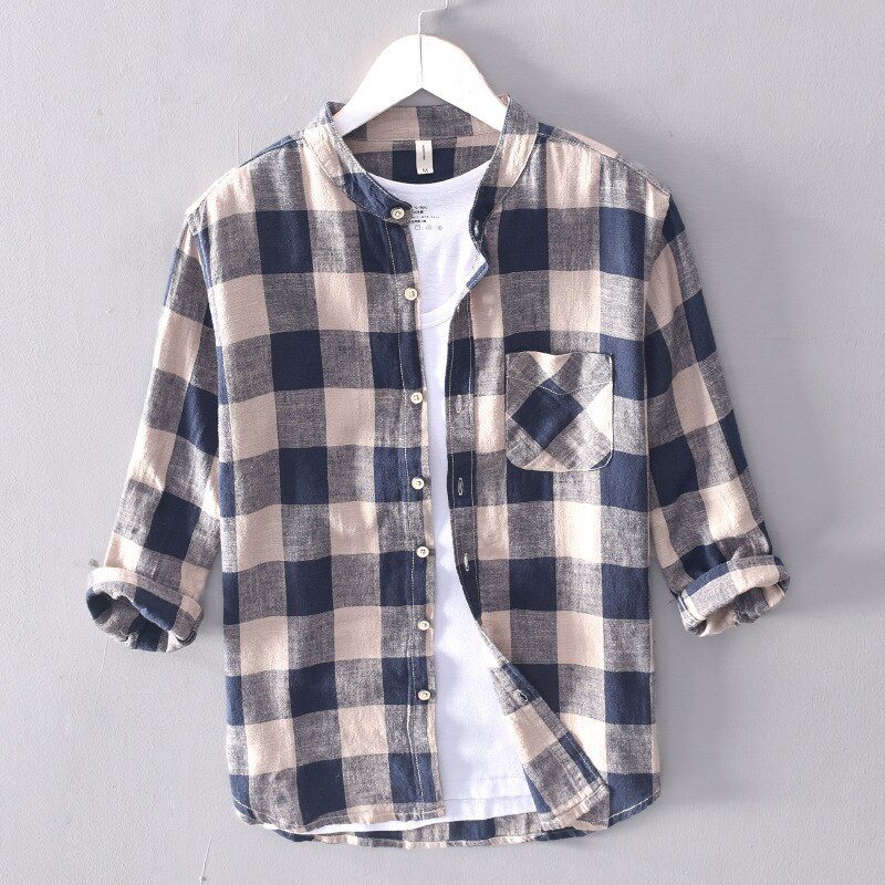 Kolme neljäsosaa hihat ruudullinen paidat mies puuvilla pellava rento yksi tasku topit seisomakaulus hengittävä miesten vaatteet  y2930: Khaki / Xxxl