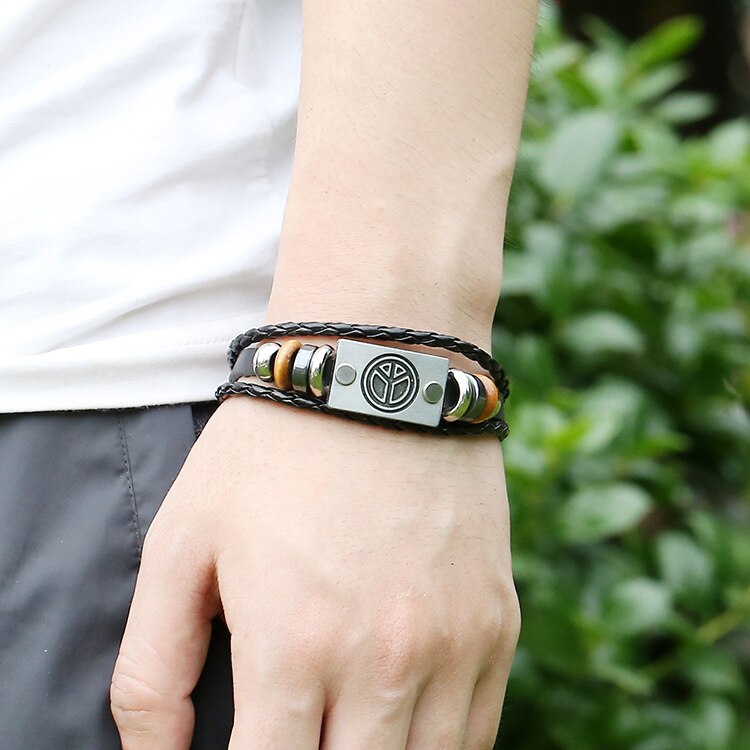 Décontracté rétro simple tissé à la main en cuir perlé bracelet alliage paix signe en cuir punk vent homme main corde populaire