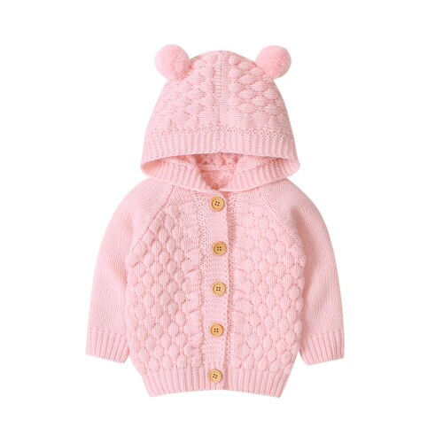 Söt öra småbarn pojkar flickor barn baby tröja luva stickad varm kappa ytterkläder: Rosa / 24m