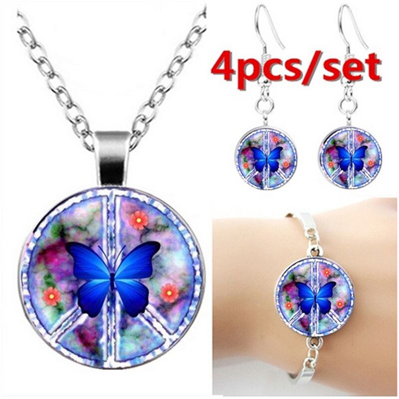 Vrede Teken Vlinder Sieraden Set Cabochon Glas Hanger Ketting Oorbel Armband Totaal 4 Stuks Voor Vrouwen Mode