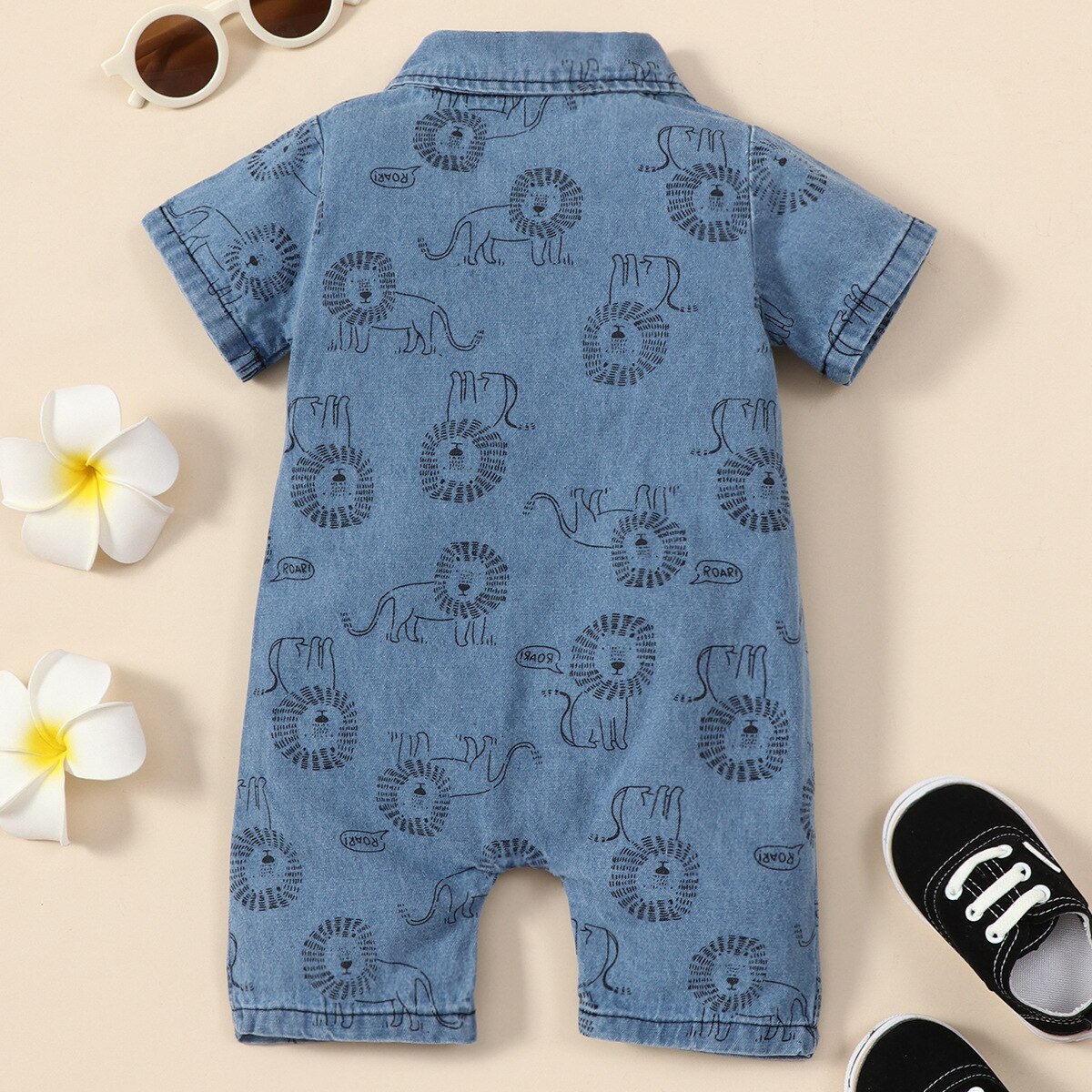 2022 Summer Lion Print Newborn Boys Girls Cowboy pagliaccetto Baby Boys Girls pagliaccetti a maniche corte Jeans tute abbigliamento per bambini