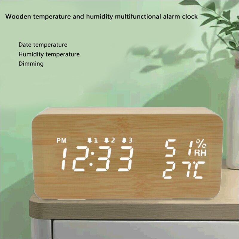 LED Wooden Temperature and Humidity Alarm Clock Table Voice Control Digital Wood Electronic Desktop Clocks Table Decor