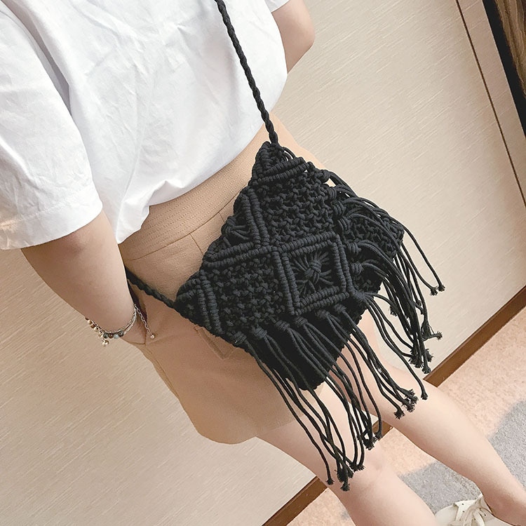 Fringe Tassel Crossbody Schoudertas Geweven Handgemaakte Boho Strand Reizen Handtas Voor Vrouwen