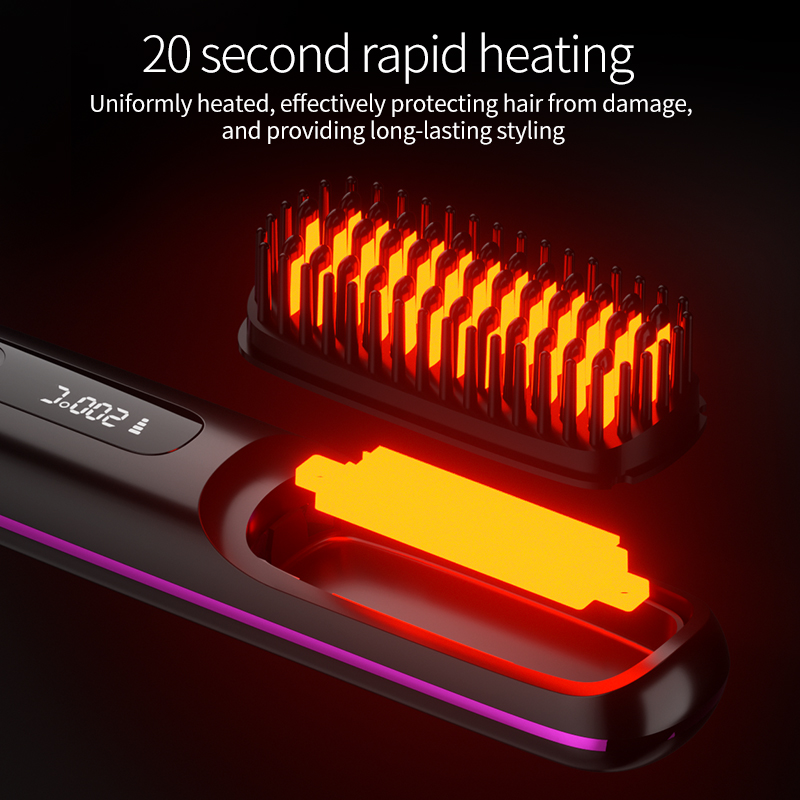 Peine de pelo liso con calefacción USB LCD eléctrico, herramienta de estilismo de iones negativos portátil inalámbrica, cepillo alisador recargable