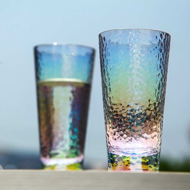 Taza Arcoiris de cristal martillado, vaso de agua colorido, taza de vino colorida, vaso de bebida de vidrio, florero de Copa, 6 uds.
