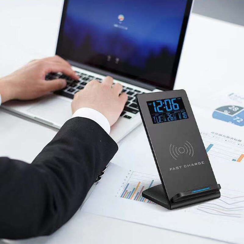 Carregador sem fio desktop suporte almofada para samsung qi carregamento rápido para iphone 11 com despertador digital temperatura do tempo 3-em-1