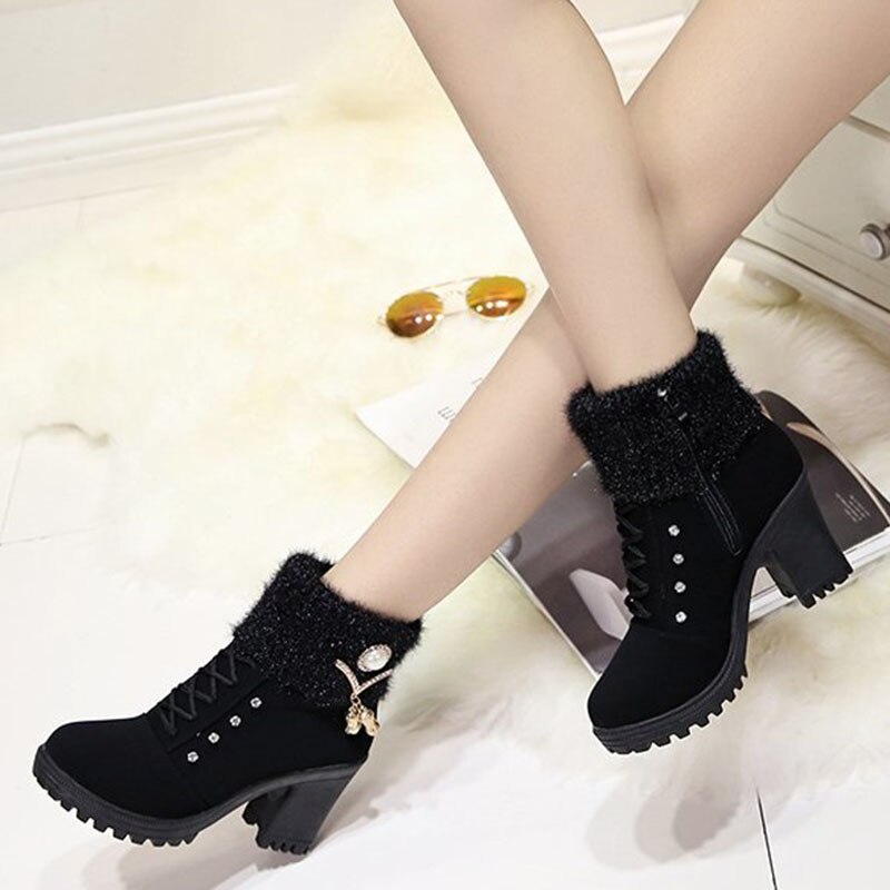 Herfst winter warme korte pluche laarzen dames parel kristal vierkante hakken enkellaarsjes vrouw patchwork gebreide laarsjes