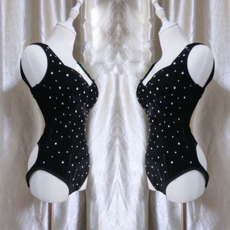 Velours noir strass body femmes hanche creuse justaucorps femme barre discothèque DJ DS GOGO danse scène fête Rave Costume