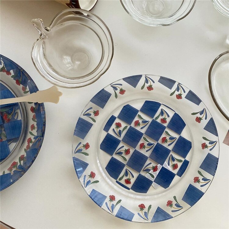 Ins Pop Flower Checkered Glass Plate Vintage Medieval Blue Checkered Tempered Glass Fruit Plate Cake Dessert Plate