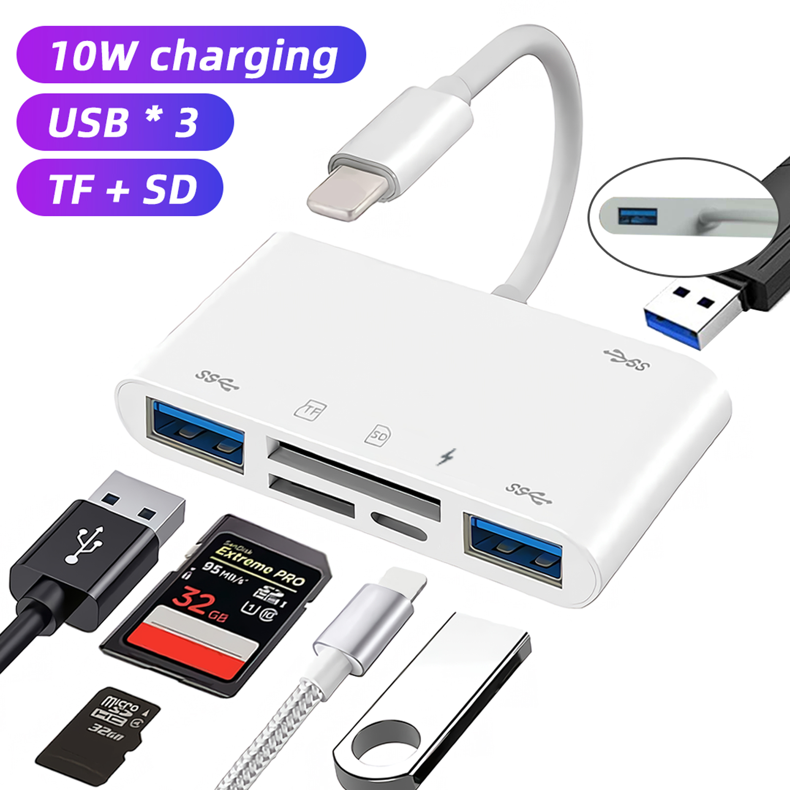 Usb 6-In-1 SD Card Reader With 3 USB Ports Otg Camera Adapter SD Card Viewer Supports TF SD Card Micro Adapter For iPhone: WHITE