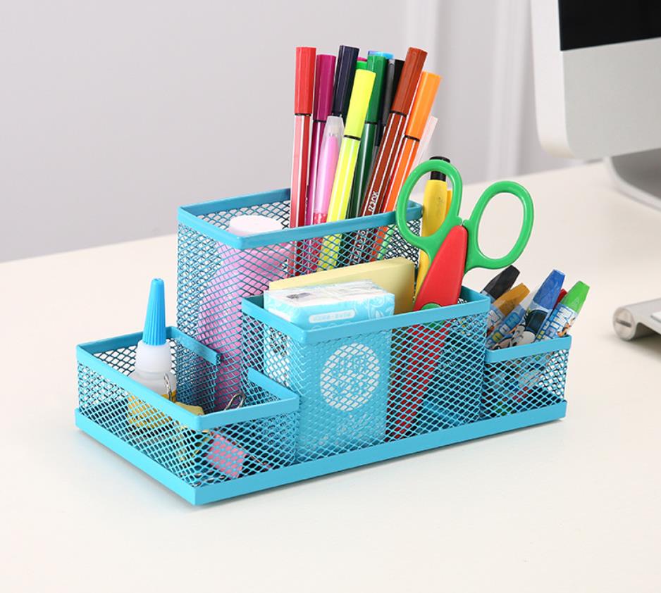 Xrhyy 3- farve penholder metal mesh hjemmekontor pen papirvarer opbevaring organizer multifunktionsboks top-skrivebord blyantholder: Blå