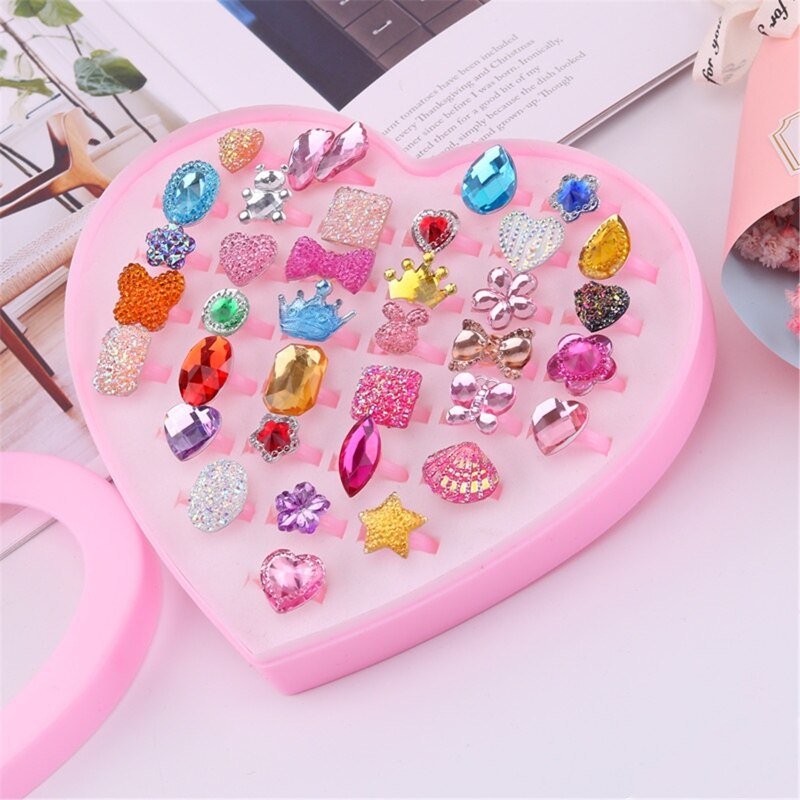 36Pc Shiny Verstelbare Kinderen Cartoon Ringen Snoep Bloem Diamant Boog Vorm Ring Set Mix Vinger Sieraden Ringen Kid meisjes Speelgoed