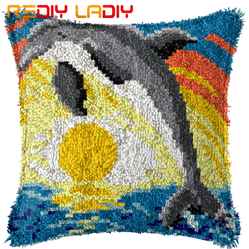 Latch Hook Cushion Dolphin at Sunset Pillow Case Acrylic Yarn Pillow Printed Color Canvas Crochet Cushion Cover Hobby &amp; Crafts: BZ156