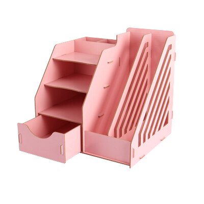 Wood Stationery Holders Multi Use Desktop Storage Paper Holder Stationery Organizer With Drawer Rack Office School Supplies: Pink