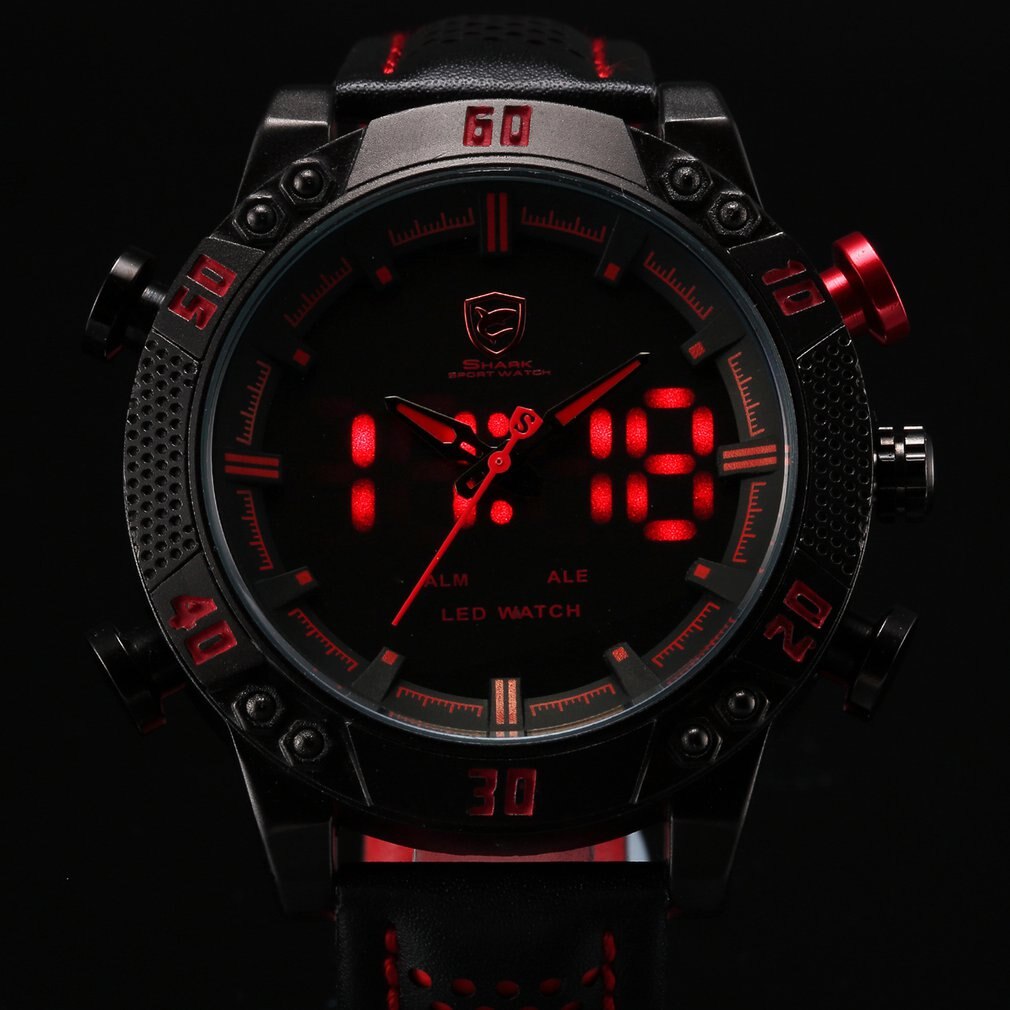 Desh 039 leren riem met rode led dubbele display quartz horloge polshorloge vrijetijdshorloge handdecoratie prachtig heren quartz horloge