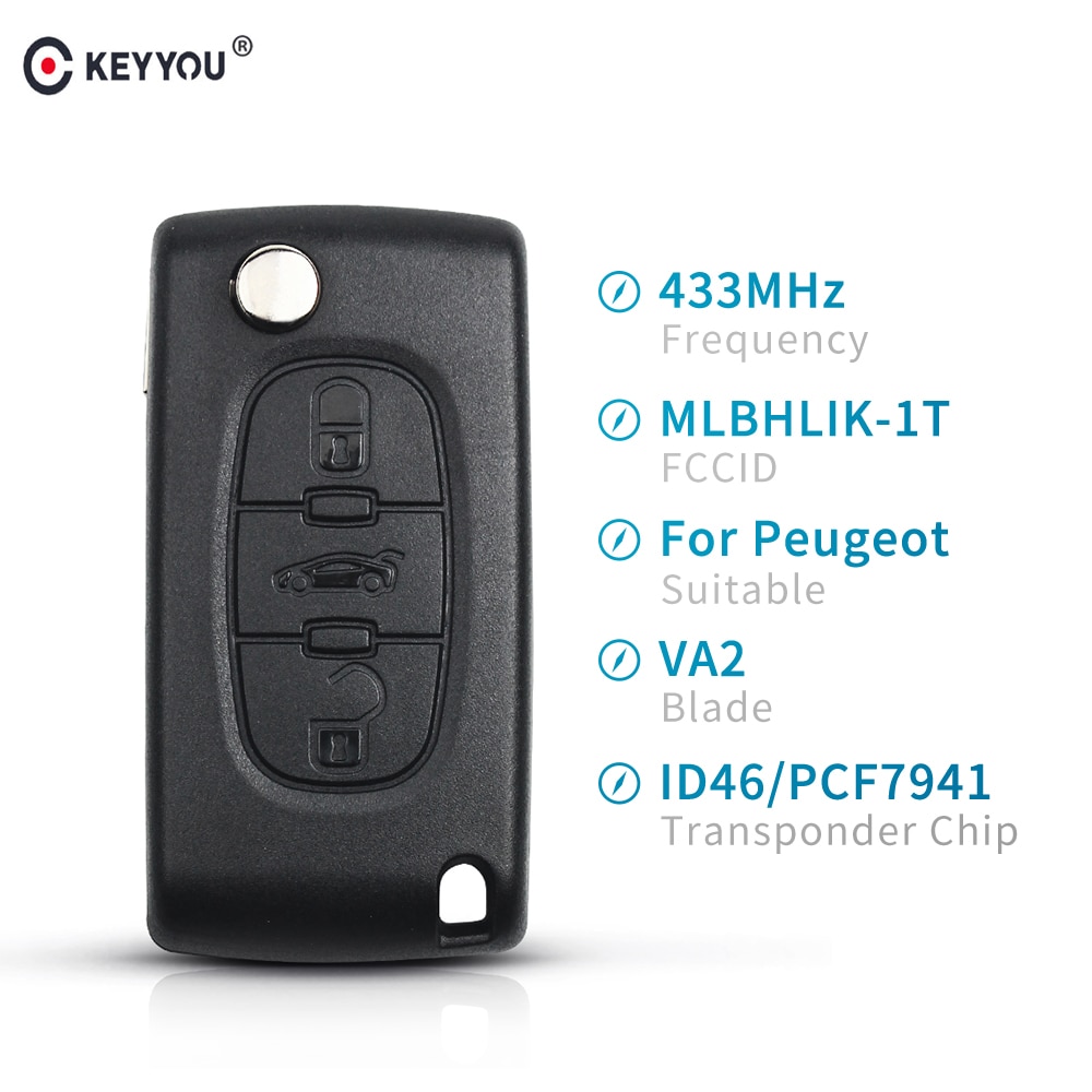 KEYYOU Voor Peugeot 307 Flip Fob Remote Autosleutel 433Mhz ID46 PCF7941 Chip Met Ongesneden VA2 Blade Auto Key 3 knop