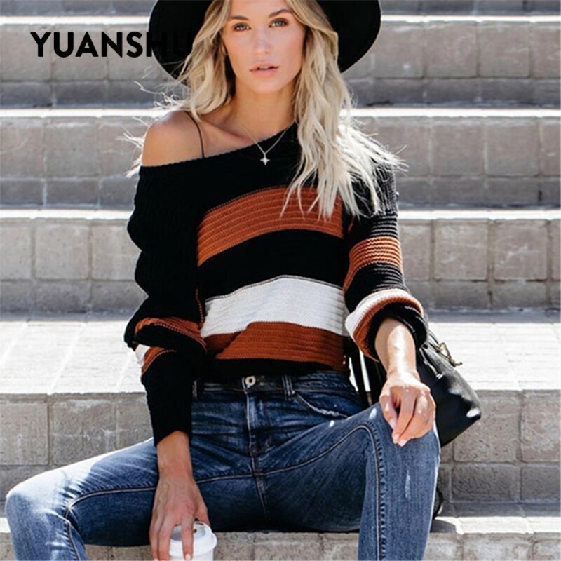 YUANSHU Pull Femme Casual Oranje Gestreepte Trui Vrouwen Warm Gebreide Trui Herfst Winter Losse Dames Tops Vrouwelijke Jumper