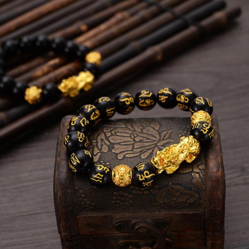 6 Words Chinese Lucky Enegry God Beast Pixiu Bracelet Jewelry Gold Color Brave Troops Stone Beads Bangles Bracelet