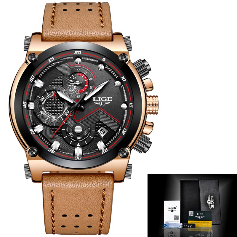 LUIK Horloges Heren Top Luxe Mode Creatieve Chronograaf Lederen Waterdichte Quartz Horloge Relogio Masculino: Brown black