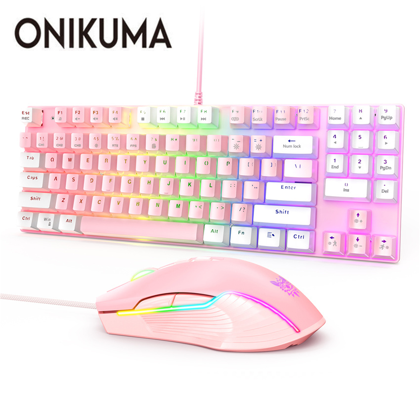 ONIKUMA G26 Wired 89-keys Mechanical Keyboard Mouse Set USB Interface Backlit Keyboard for Gaming Office Dedicated: Pink White