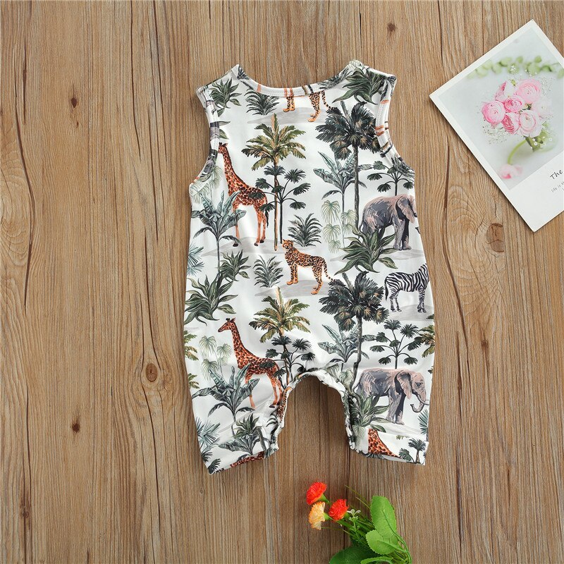 Zomer Baby Knop Rompertjes Pasgeboren Mouwloze Peuter Kids Jongens Meisjes Cartoon Animal Boom Print Jumspuits Casual Outfits Kostuum