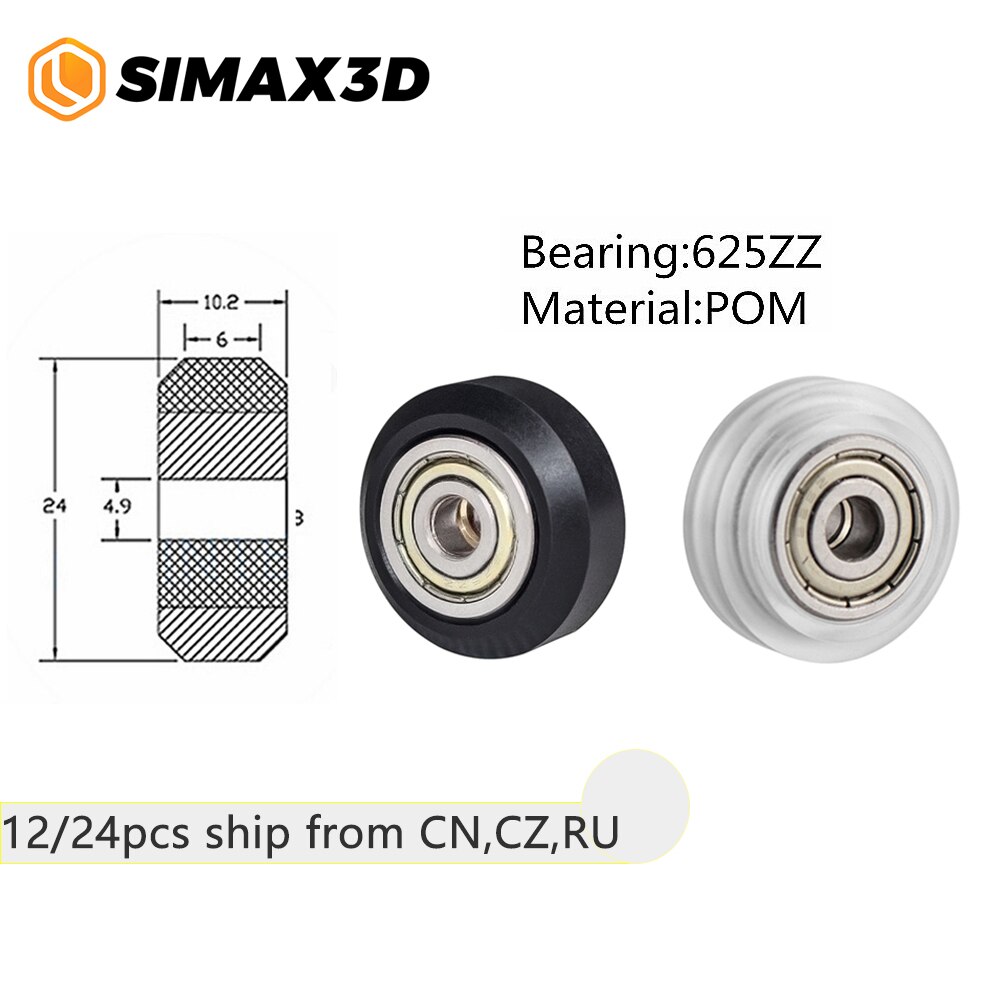 SIMAX3D 12/24pcs Black/Clear Polycarbonate/POM Wheel Plastic Pulley Wheel with 625ZZ Bearing for CR-10 Ender 3 Pro 3D Printer