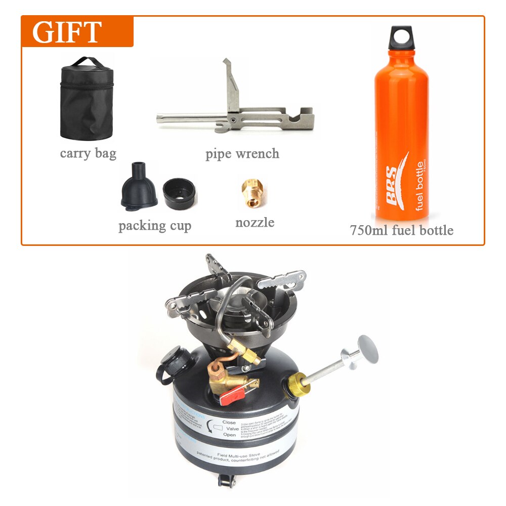 Portable One-piece Outdoor Gasoline Stove Camping Hiking Burner with 750ml Empty Gas Tank Fuel Bottle and 8-Plate Windshield