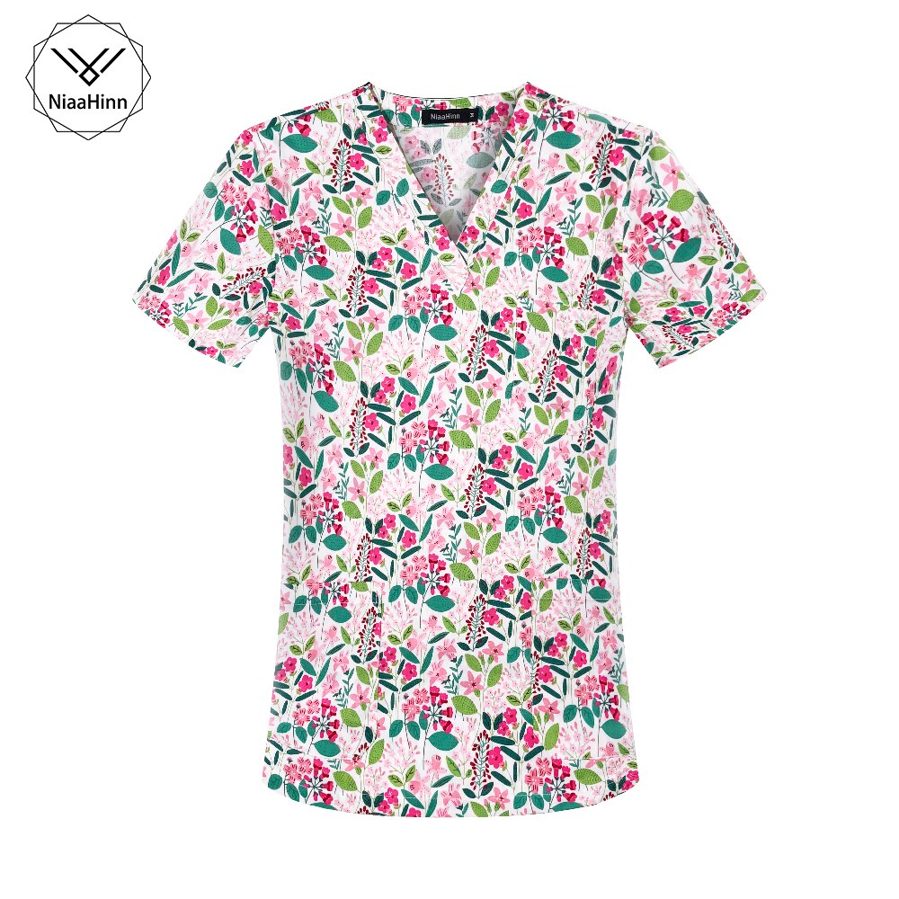 Vrouwen Leuke Cartoon Print Verpleging Scrubs Tops T Shirt Casual Korte Mouw Vrouwen Scrubs Uniformen Verpleegster V-hals Pocket Vrouwen Kleding: 62032 tops / L